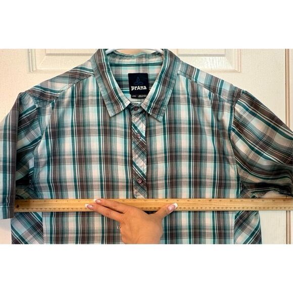 prAna Men's Milo Short Sleeve Shirt Green Plaid Pearl Snap Organic Cotton Large - Picture 8 of 9